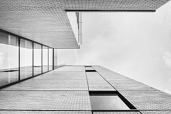 Low angle black and white modern architecture with glass facade