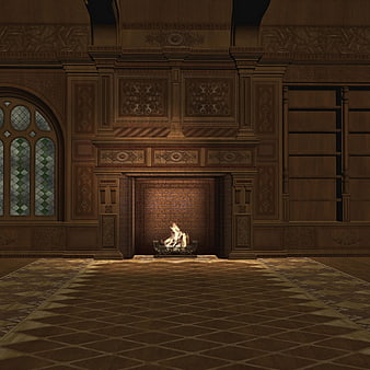 Ornate wooden interior with fireplace and stained glass window