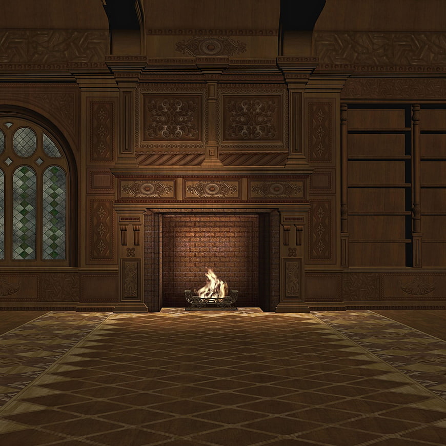Ornate wooden interior with fireplace and stained glass window