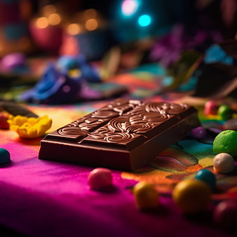 Artistic chocolate bar with colorful candies on vibrant background