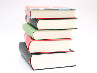 Stack of five colorful hardcover books on a white background
