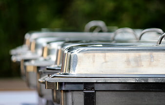 Row of Stainless Steel Buffet Chafing Dishes