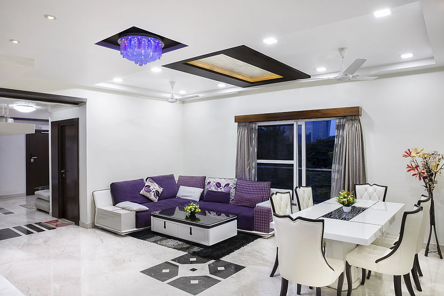 Modern Living and Dining Room with Purple Sofa