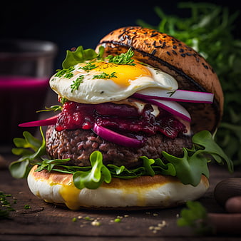 Gourmet Beef Burger with Fried Egg and Red Onion