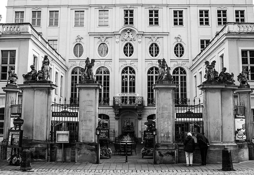 Black and white photo of Coselpalais architecture in Dresden