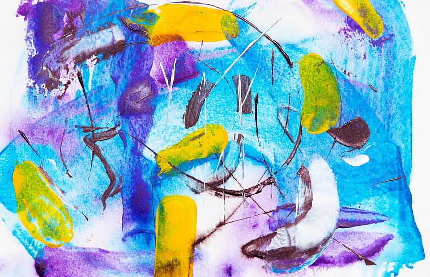 Abstract watercolor painting with vibrant blue, purple, and yellow strokes