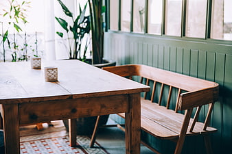 Cozy Dining Room with Wooden Table and Bench
