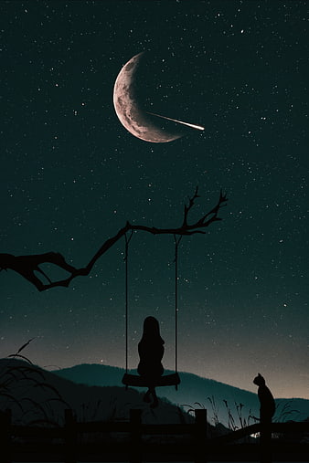 Silhouette of girl on swing under starry night sky with moon