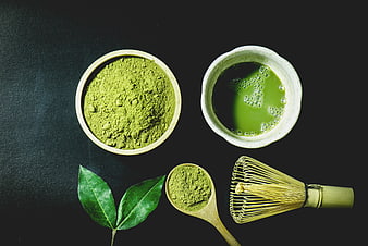 Top View Matcha Tea Powder, Whisk, and Bowl on Dark Background