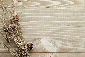 Rustic Pine Cones and Glitter Sticks on Wooden Background