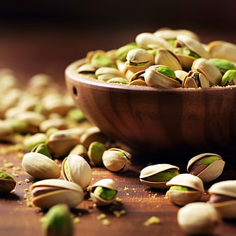 Close-up of Shelled Pistachios in a Wooden Bowl