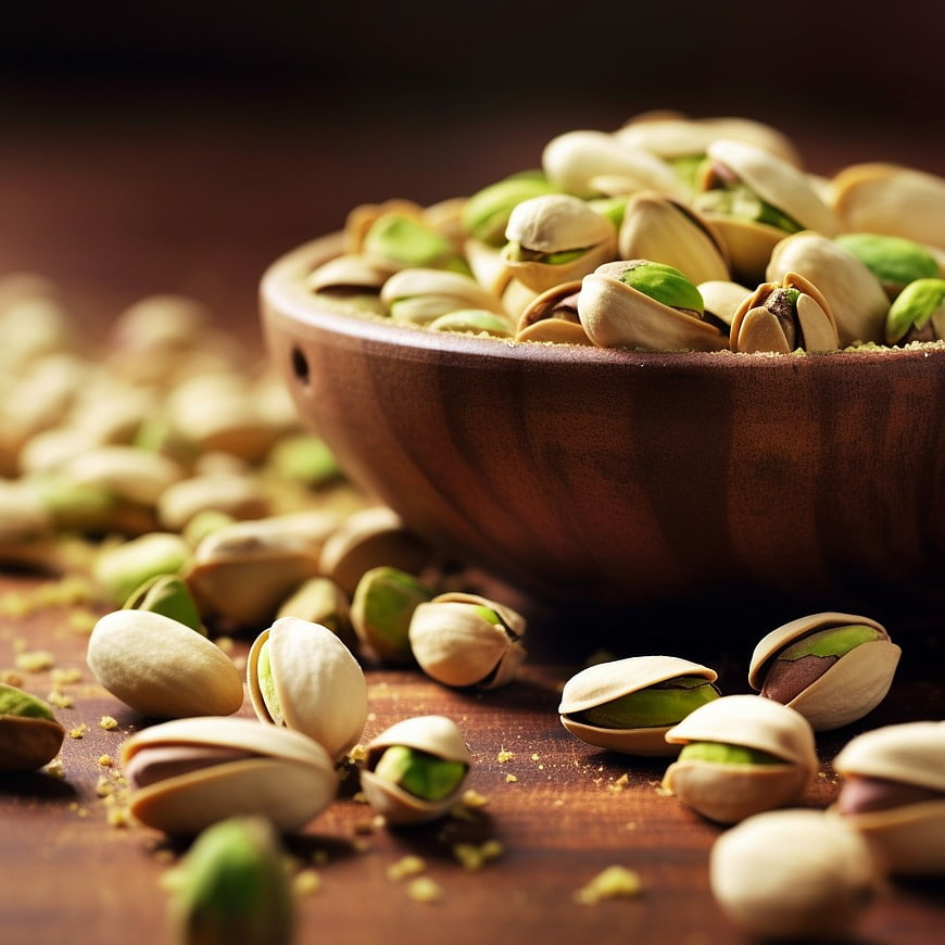 Close-up of Shelled Pistachios in a Wooden Bowl