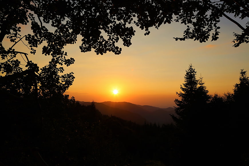 Golden Sunset Over Silhouetted Mountain Forest Landscape