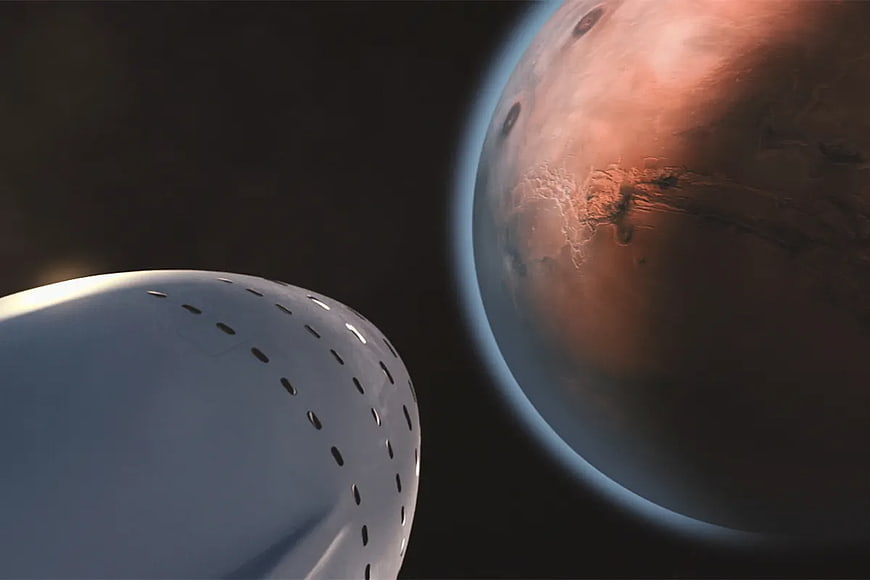 Futuristic Space Capsule Approaching Red Planet Surface