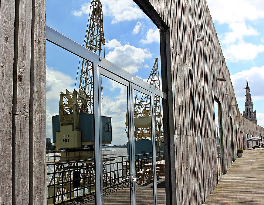 Modern wooden building with glass doors reflecting yellow cranes