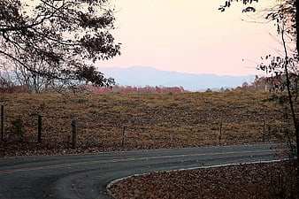 Rural country road winding through autumn landscape with mountains