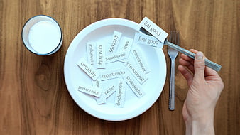 Conceptual plate of paper words representing mind food and success