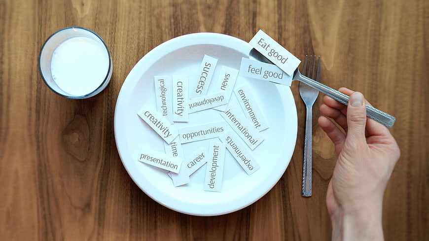 Conceptual plate of paper words representing mind food and success