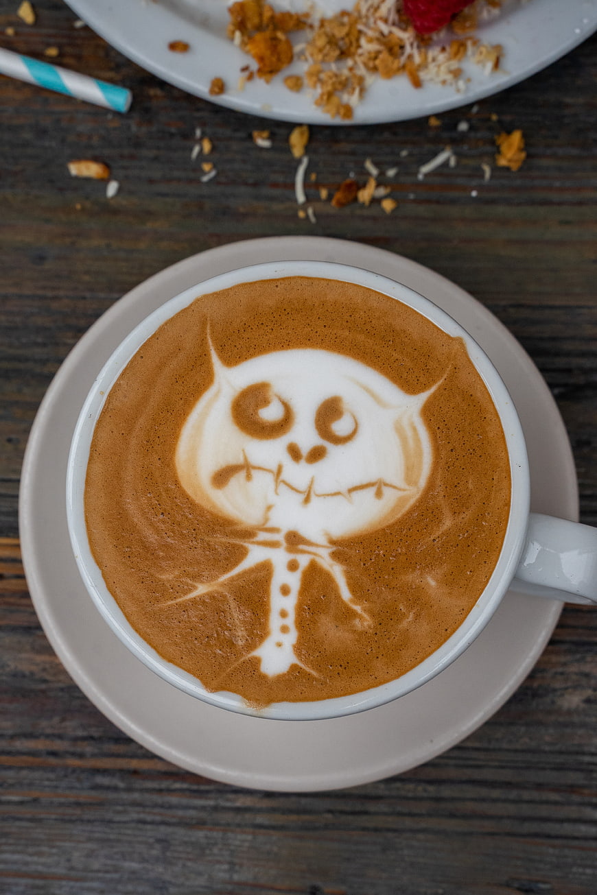 Halloween Monster Latte Art on Wooden Table