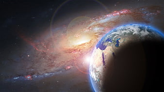 Earth and Spiral Galaxy in Deep Space