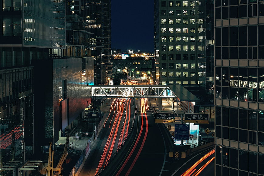 Night cityscape with long exposure traffic light trails