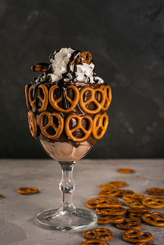 Chocolate milkshake with pretzels and whipped cream