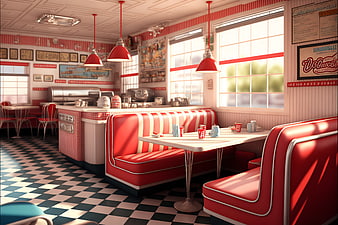 Retro American Diner Interior with Red Booths