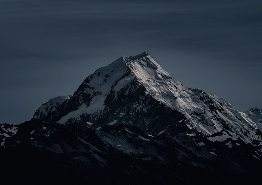 Dramatic Snow-Capped Mountain Peak at Night