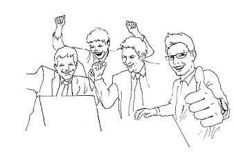 Line Drawing of Four Men Celebrating Business Success