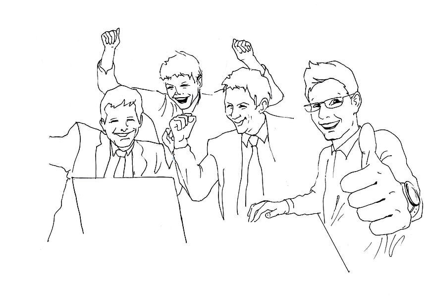 Line Drawing of Four Men Celebrating Business Success