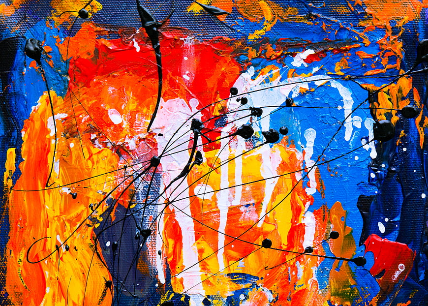 Abstract Acrylic Painting with Vibrant Orange and Blue Splatters