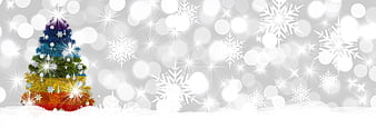 Rainbow Christmas Tree with Snowflakes and Bokeh Background