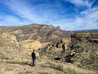 Man Standing on Hill Overlooking Red Rock Canyon Landscape