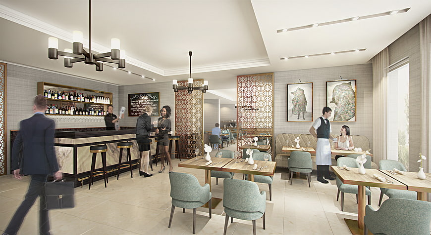 Modern Restaurant Interior with Bar and Dining Area