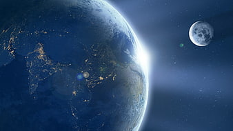 Earth and Moon in Space with Sunrise and Starry Sky