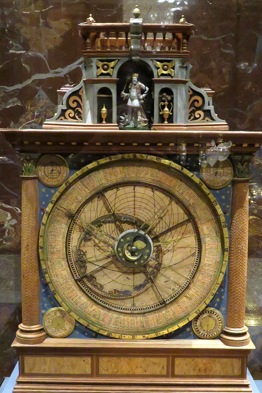 Antique Astronomical Clock with Zodiac Dial and Ornate Carving