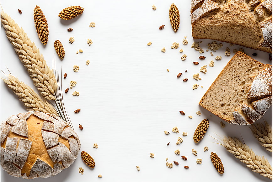 Artisan Bread and Wheat Flat Lay on White Background