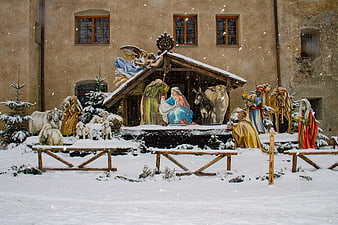 Outdoor Nativity Scene in Snowy Winter Setting
