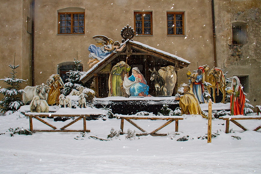 Outdoor Nativity Scene in Snowy Winter Setting