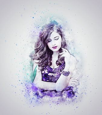 Watercolor Portrait of Woman in Purple Sequined Dress