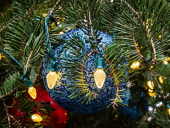 Blue Glitter Christmas Ornament with Warm Lights