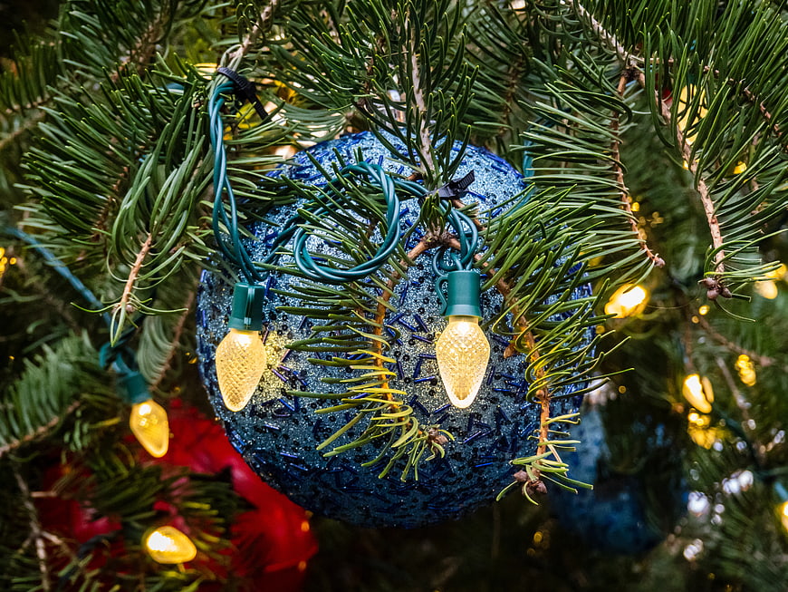 Blue Glitter Christmas Ornament with Warm Lights