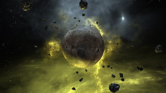 Cinematic 3D render of cratered moon surrounded by asteroids and yellow nebula