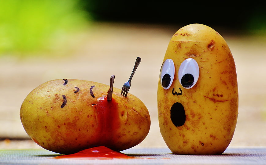 Funny potato murder scene with ketchup blood and shocked witness
