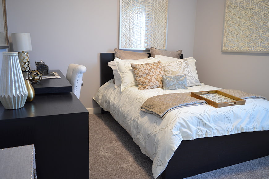 Modern Bedroom Interior With Black Desk And White Bedding