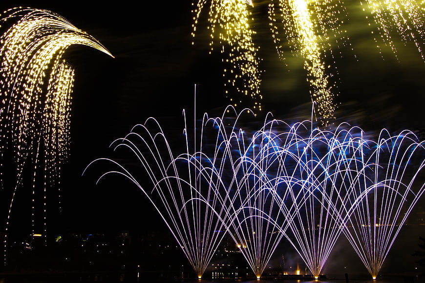 Golden and Blue Fireworks Display at Night
