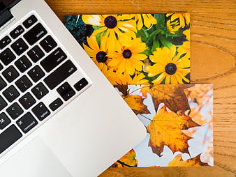 Laptop with autumn flower and leaf photos on wooden desk