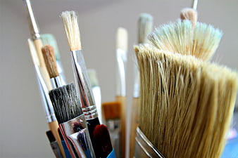 Close-up of assorted paintbrushes with bristles and handles
