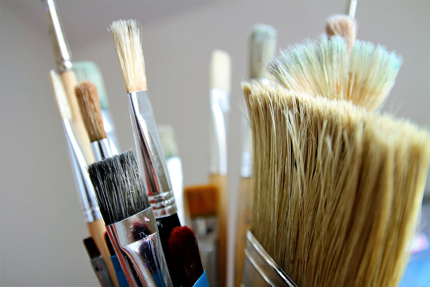 Close-up of assorted paintbrushes with bristles and handles