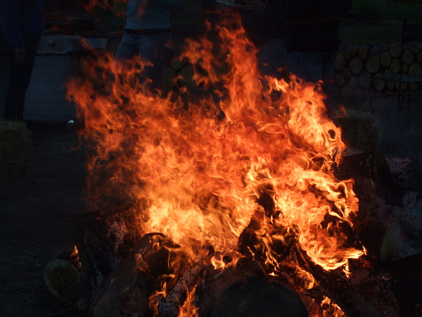 Vibrant bonfire flames burning logs at night